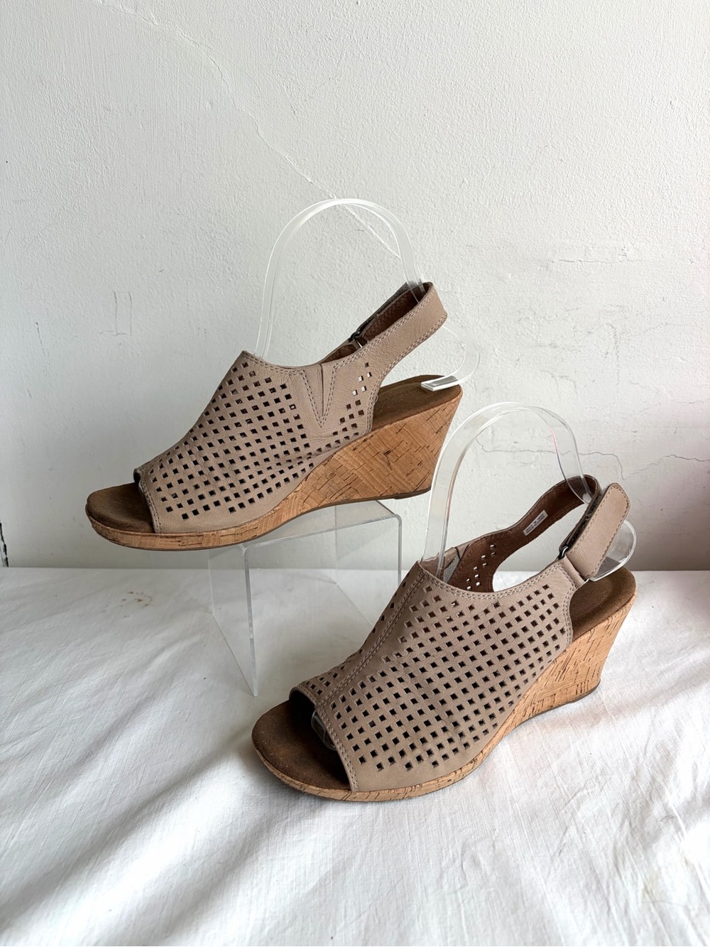 Rockport Briah Taupe Perforated Slingback Cork Wedge Sandals